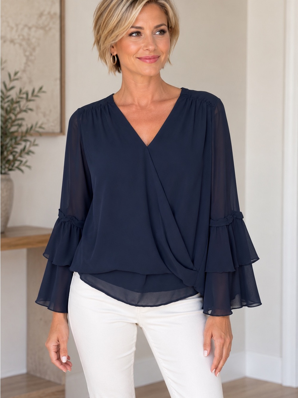 MarLed Navy Chiffon Ruffle Sleeve Blouse M